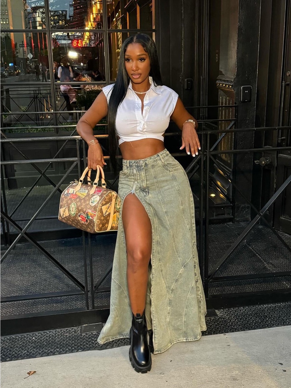 Fashion nova High-Slit Washed Denim Maxi Skirt - - Picture 2 of 5